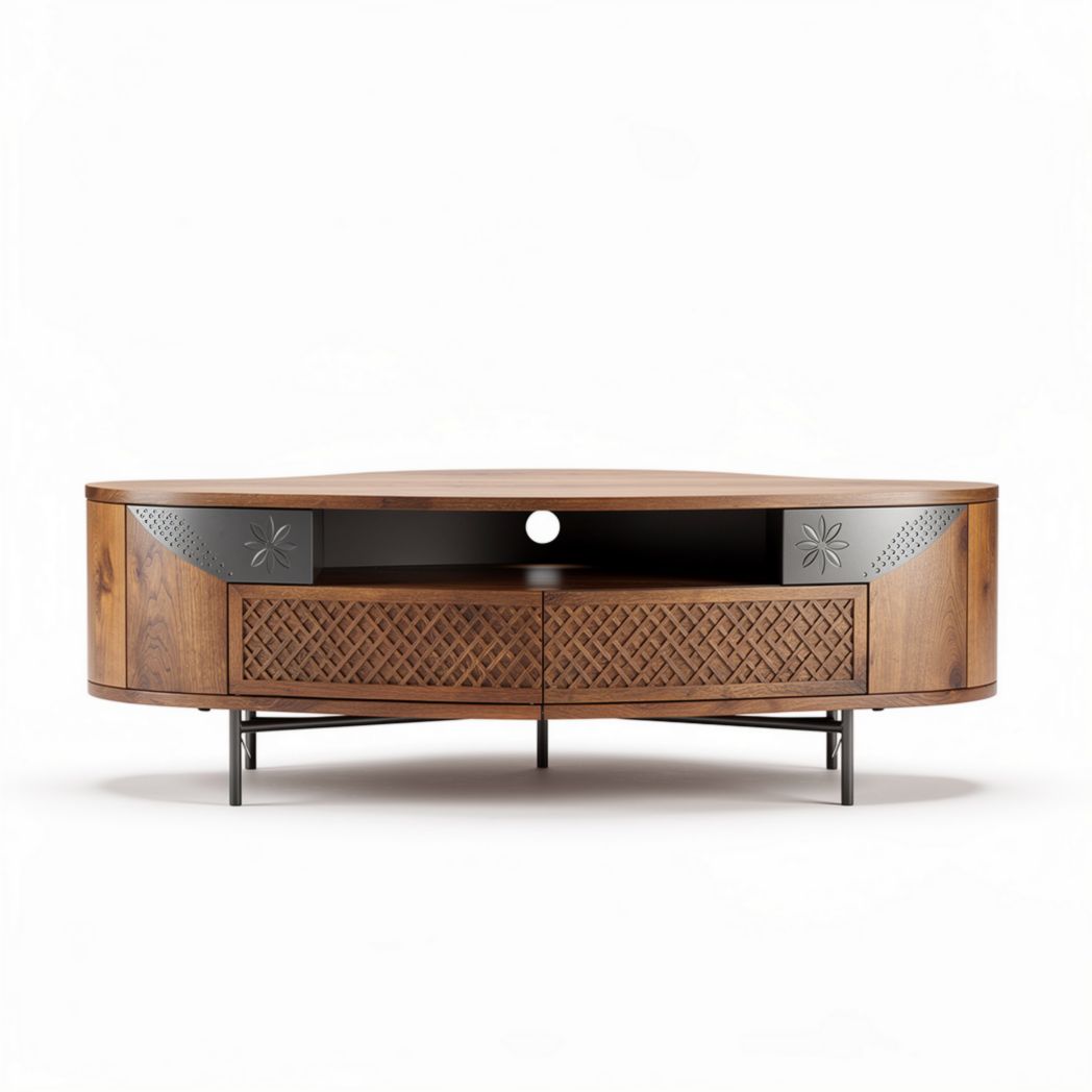 Wooden entertainment center with metal accents and two storage drawers 150 x 50 x 40cm