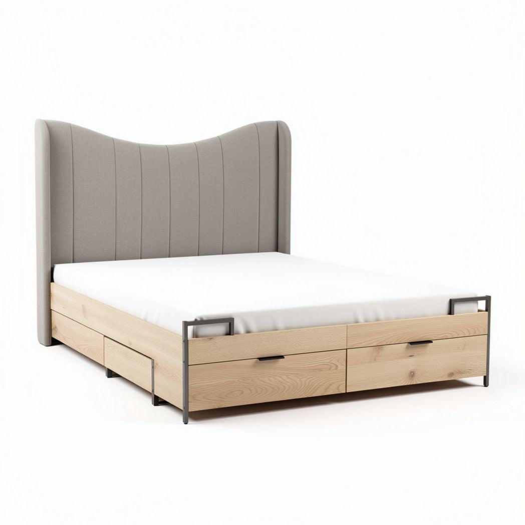 Upholstered bed frame with wood storage drawers in gray and natural finish 200 x 160 x 100cm