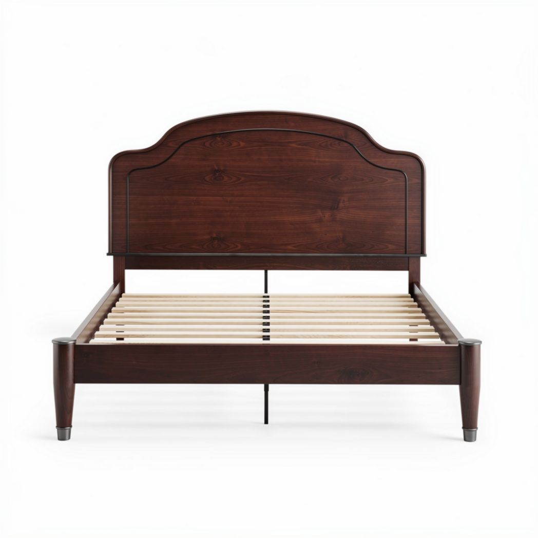 Wooden platform bed frame with arched headboard in dark brown finish 200 x 160 x 100cm
