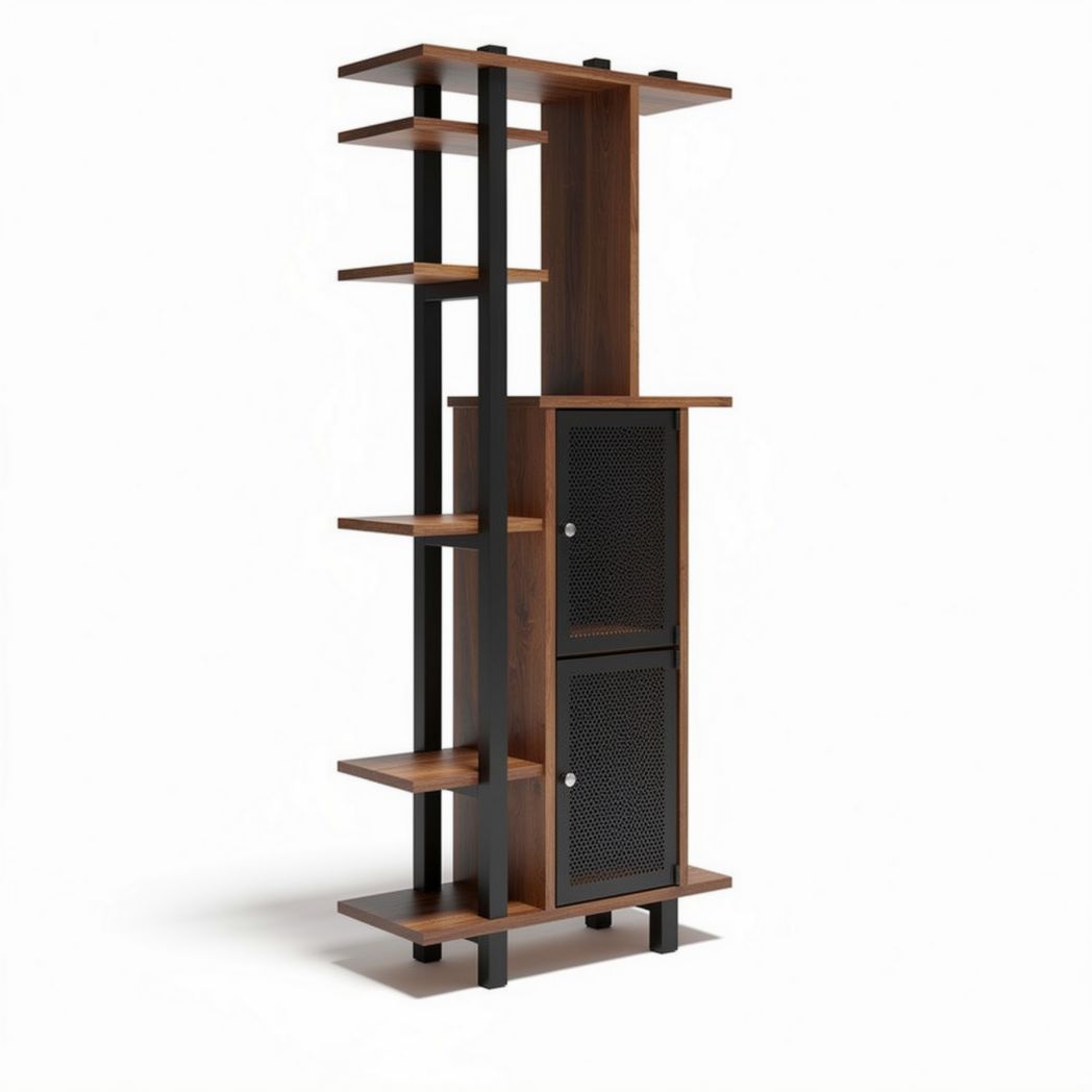 Wooden bookshelf with metal frame and storage cabinet 30 x 30 x 150cm