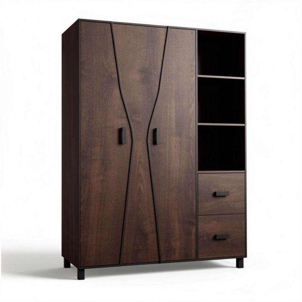 Wooden storage cabinet with shelves and drawers in dark brown finish 180 x 80 x 40cm