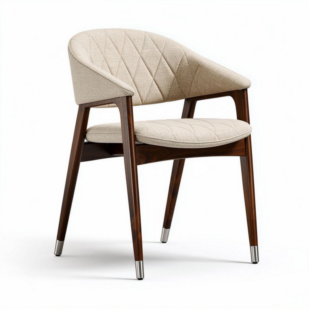 Upholstered dining chair with diamond pattern in beige fabric and wooden frame