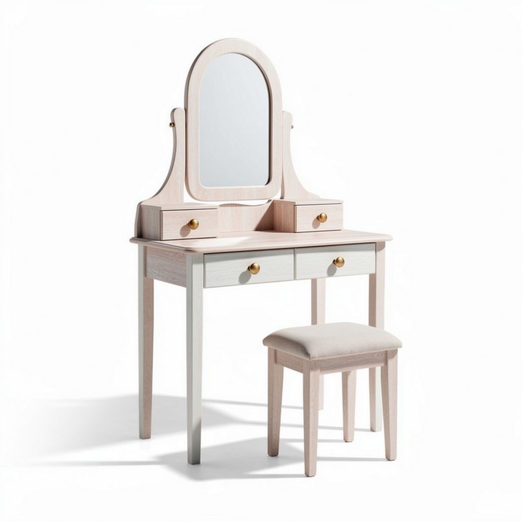 Wooden vanity set with mirror and two drawers in pink and white finish