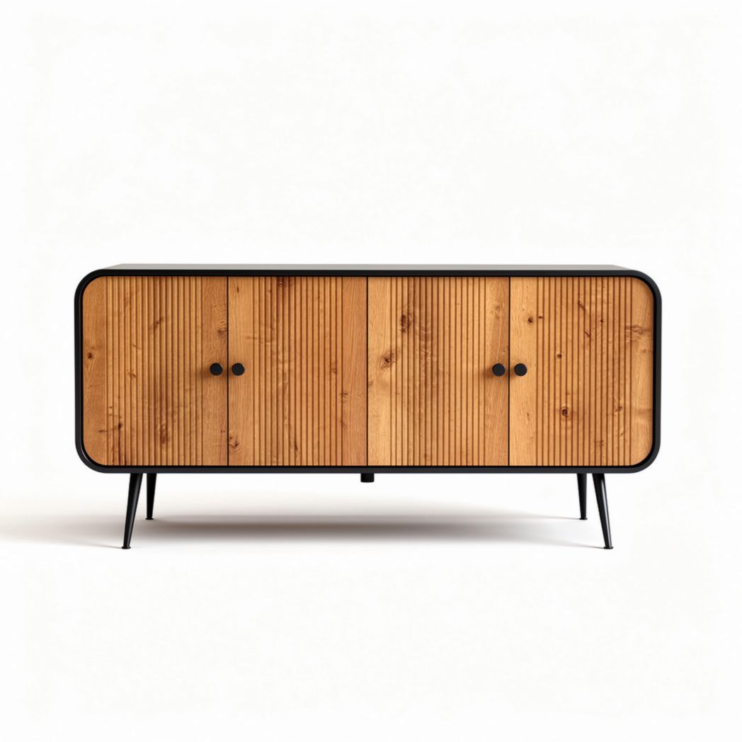 Wooden sideboard cabinet with four doors and metal legs 120 x 40 x 70cm