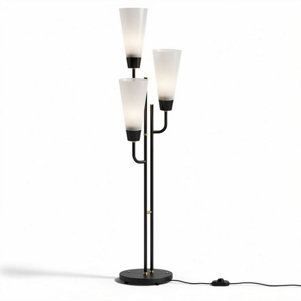 Three-light floor lamp with frosted glass shades and black metal base 160 x 40 x 40cm