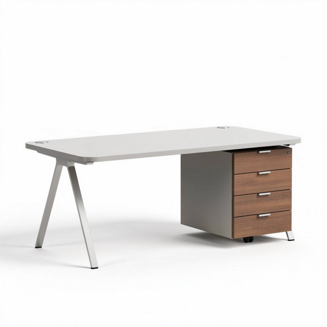 Desk with four drawer storage in wood and metal construction 150 x 75 x 75cm