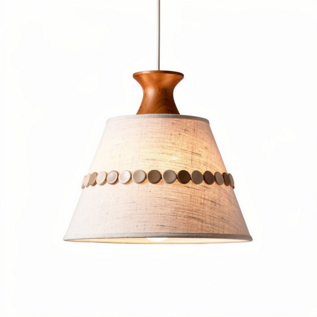 Pendant light fixture with fabric shade and wooden accent 30 x 30 x 25cm