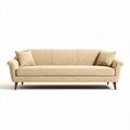Light beige upholstered sofa with wooden legs and two matching pillows 220 x 85 x 80cm