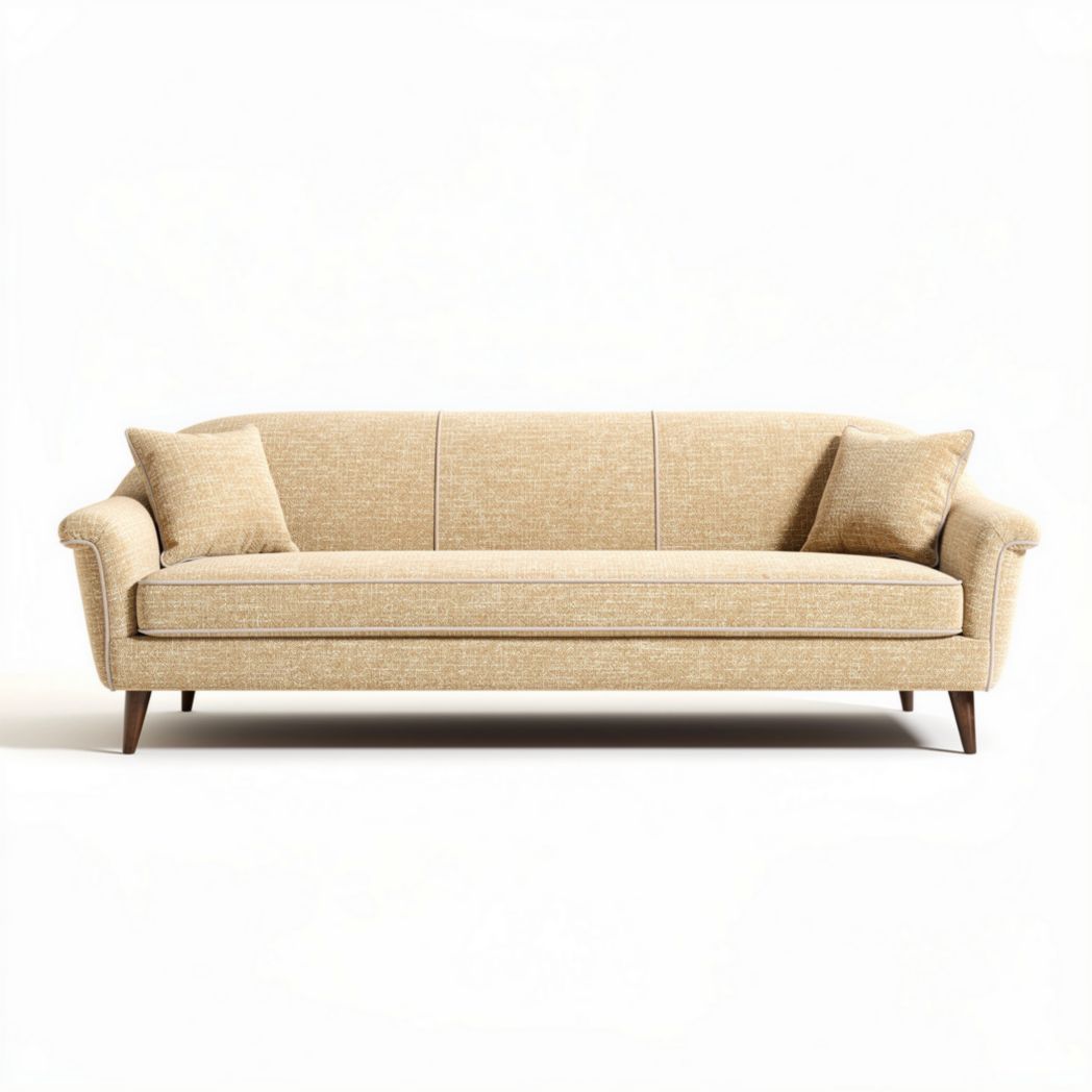 Light beige upholstered sofa with wooden legs and two matching pillows 220 x 85 x 80cm