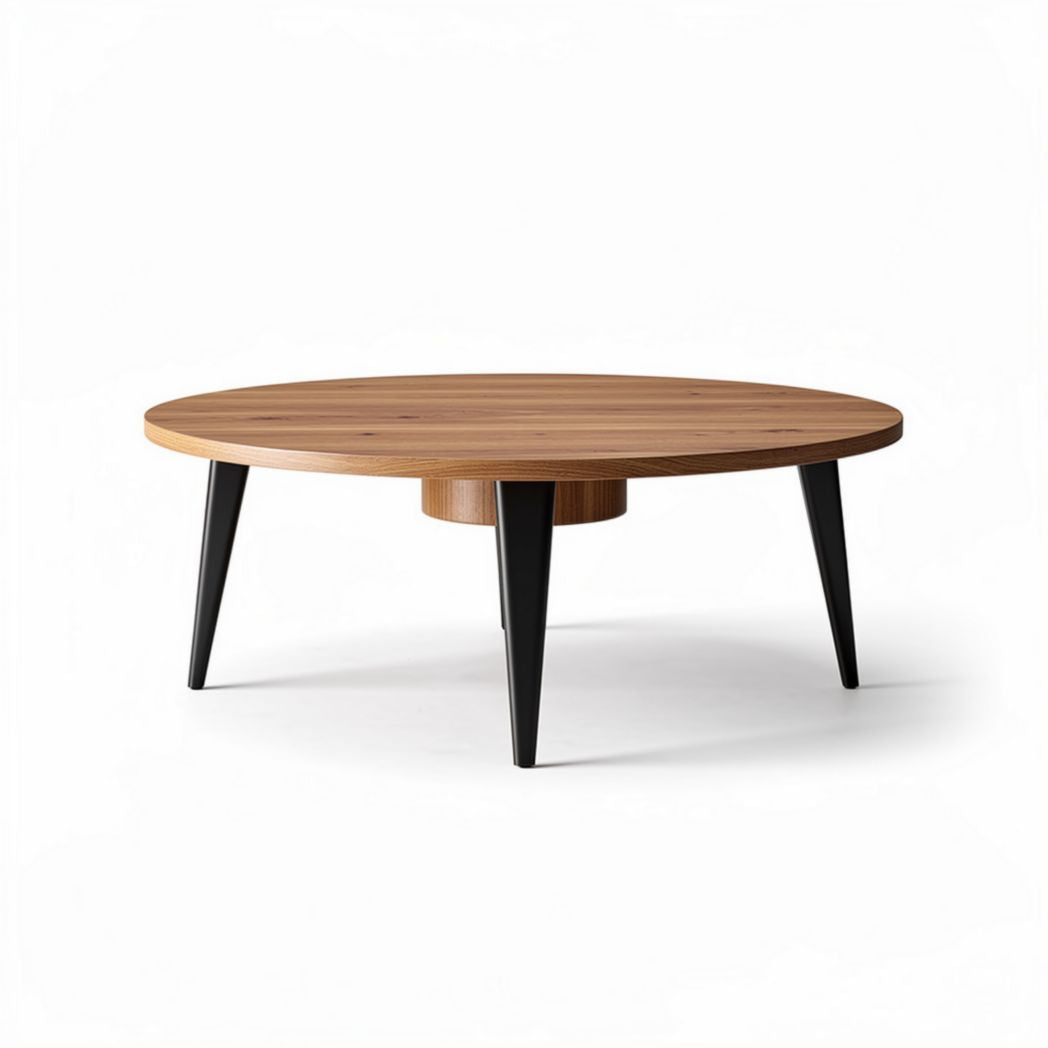Round coffee table with wooden top and black wooden legs 80 x 80 x 40cm